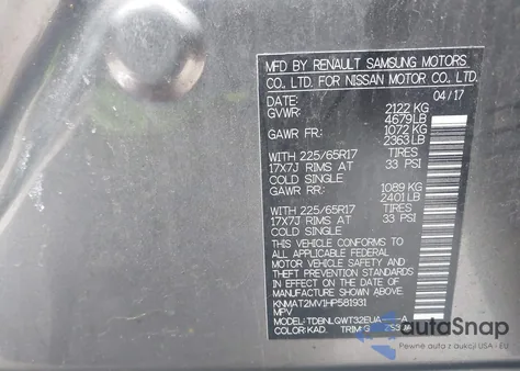 2017 Nissan Rogue Sv z USA, uszkodzony, nr VIN KNMAT2MV1HP581931